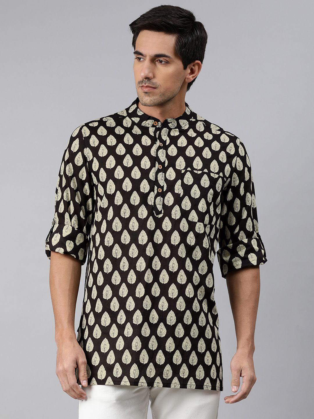 janasya men black & cream-coloured ethnic motifs printed kurta