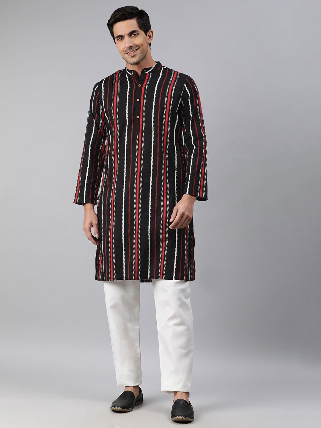 janasya men black & red striped cotton kurta