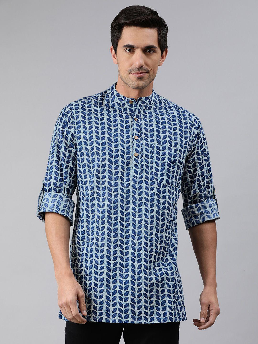 janasya men blue & white ethnic motifs printed pure cotton kurta