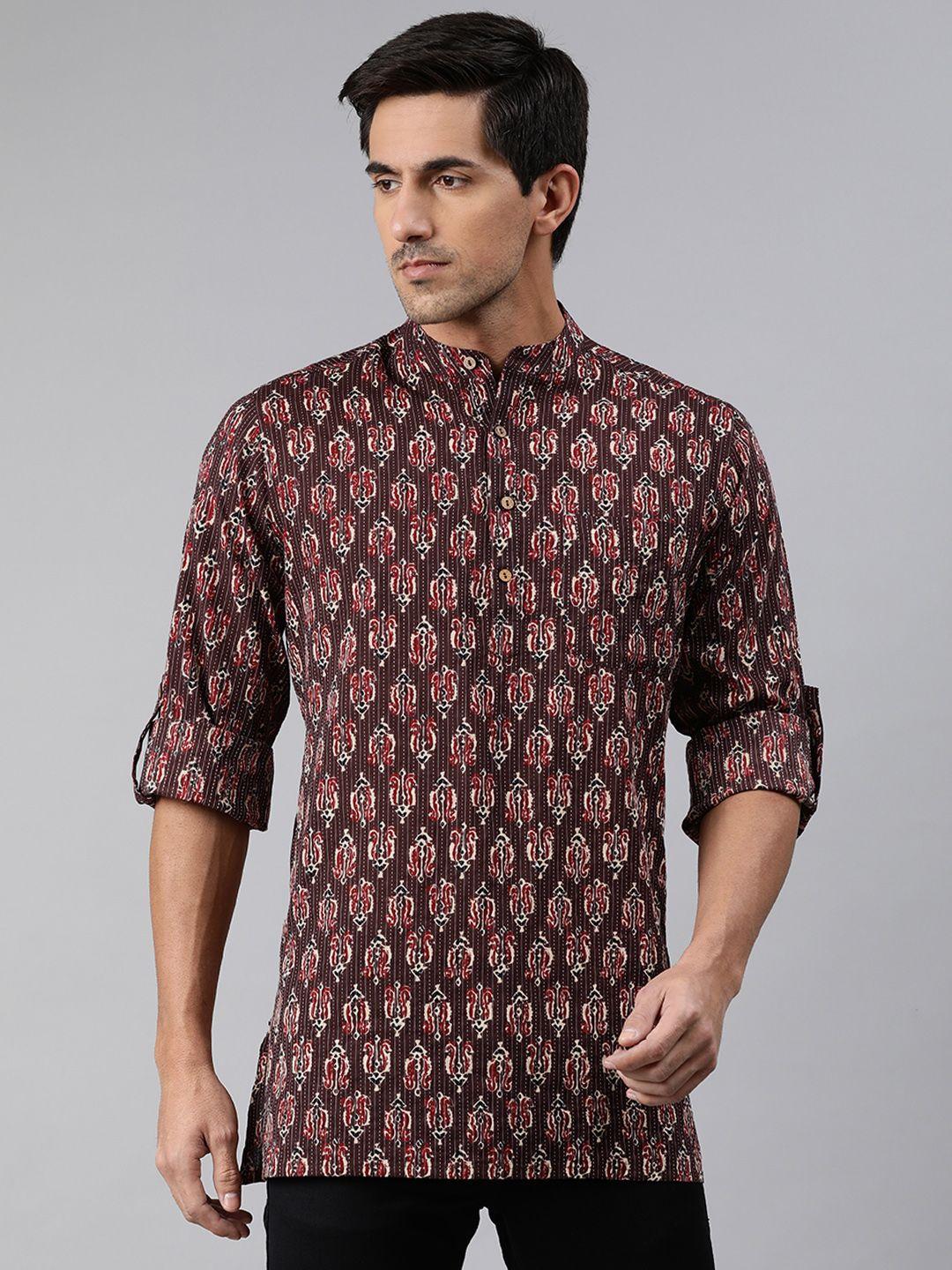 janasya men brown & beige ethnic motifs printed pure cotton kurta