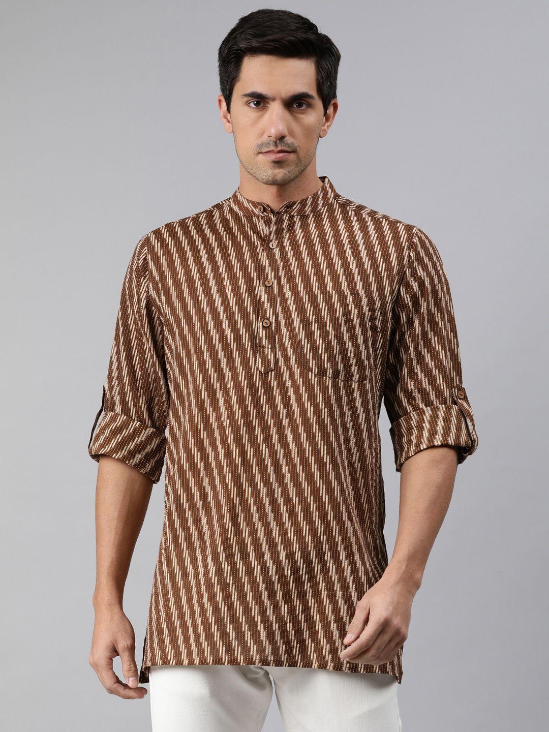 janasya men brown & beige striped kantha work kurta