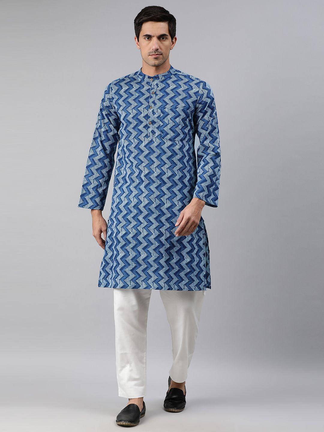 janasya men blue & white geometric printed kurta