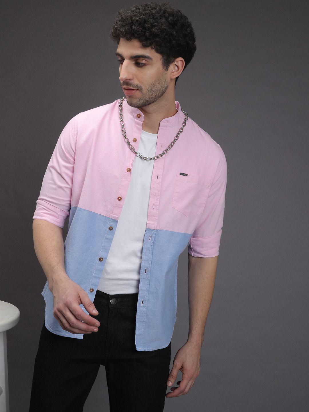 the indian garage co men pink & blue slim fit colourblocked casual shirt