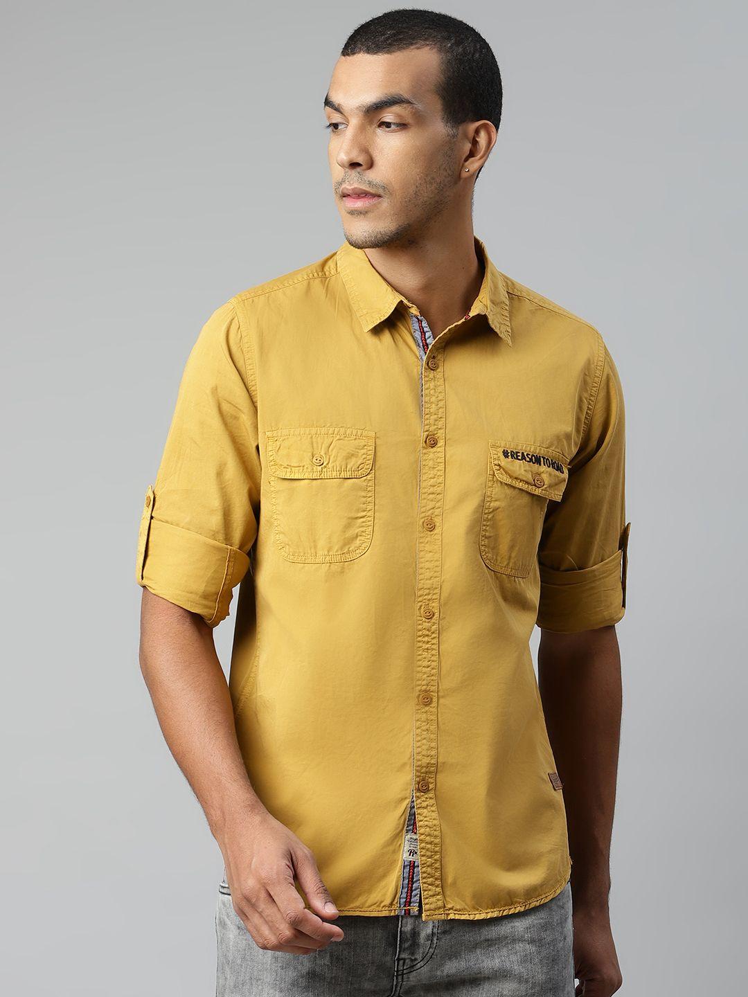 the roadster lifestyle co men mustard yellow regular fit pure cotton solid casual shirt