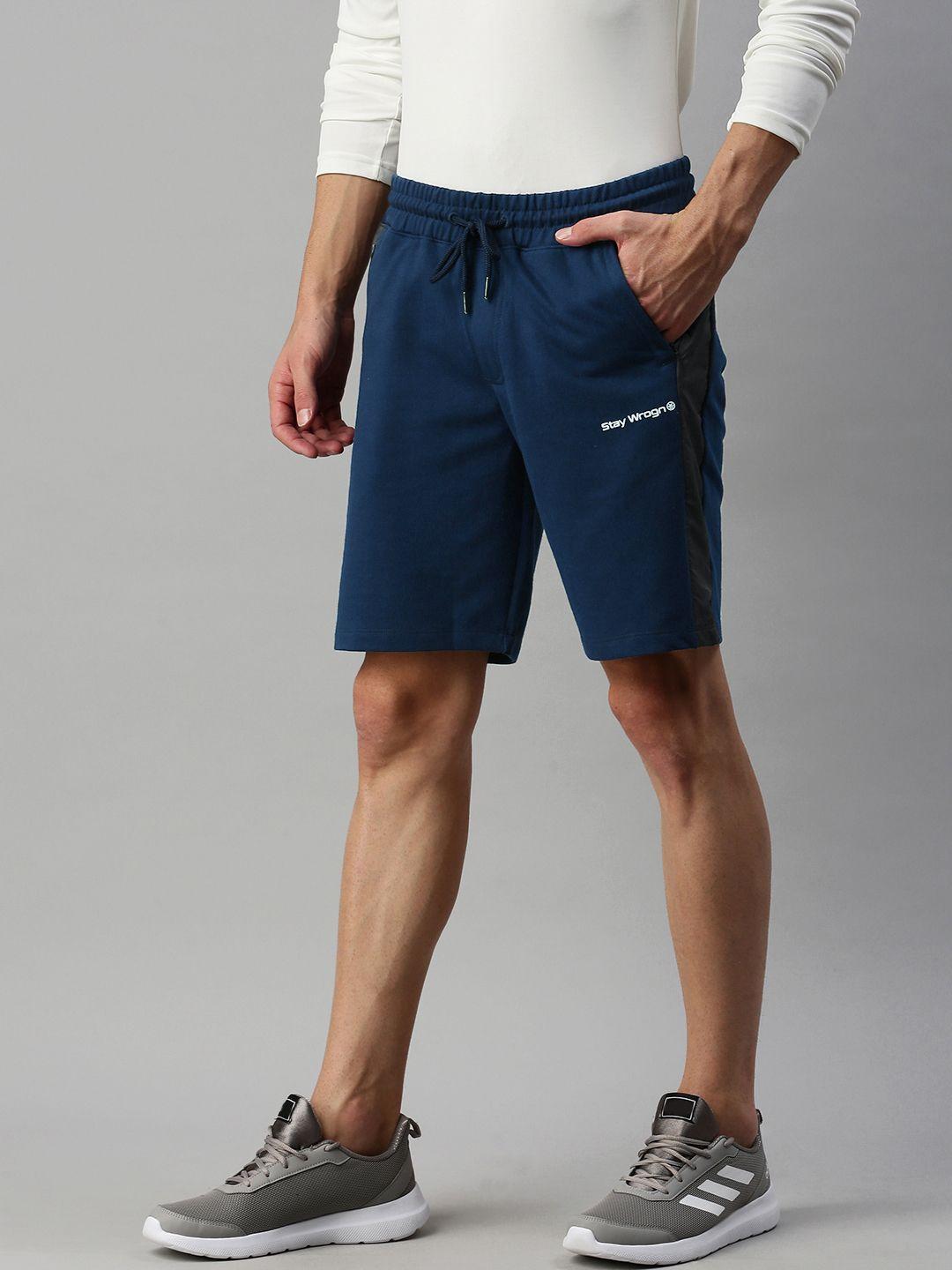 wrogn men navy blue solid regular fit side striped sports shorts