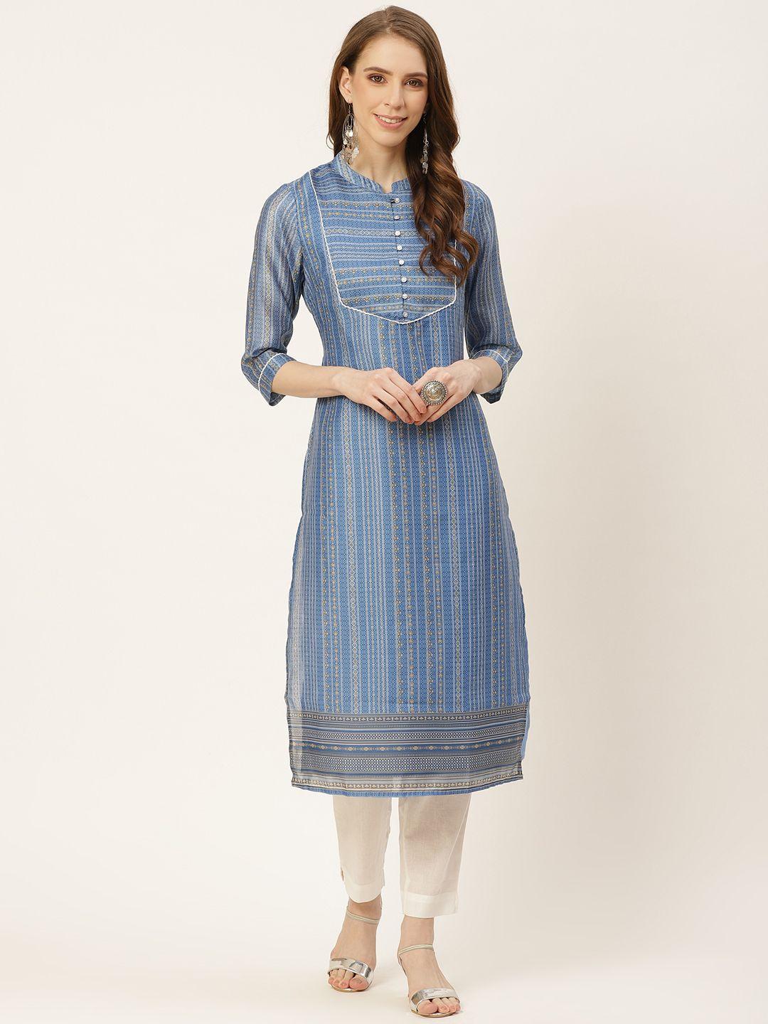 house of pataudi women blue & white striped chanderi straight rozana kurta