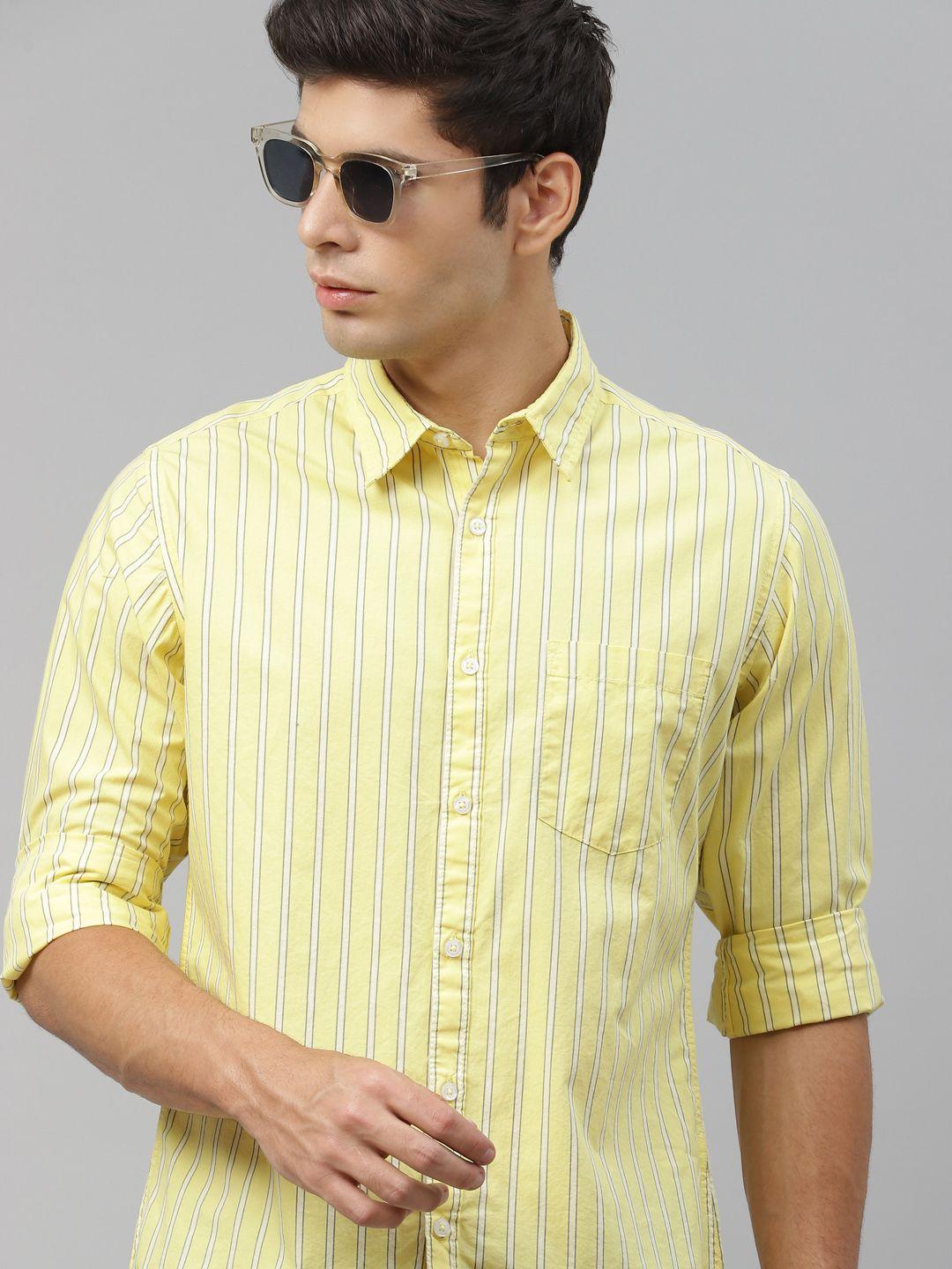 harvard men yellow & white regular fit striped pure cotton sustainable casual shirt