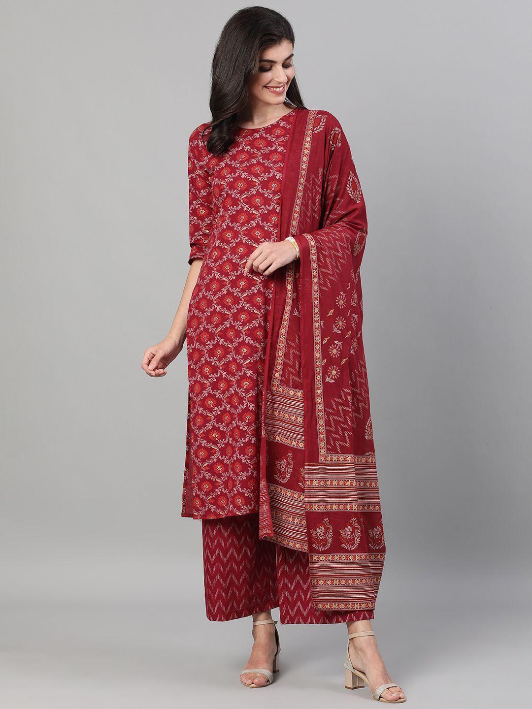 nayo women burgundy printed kurta with palazzos & dupatta