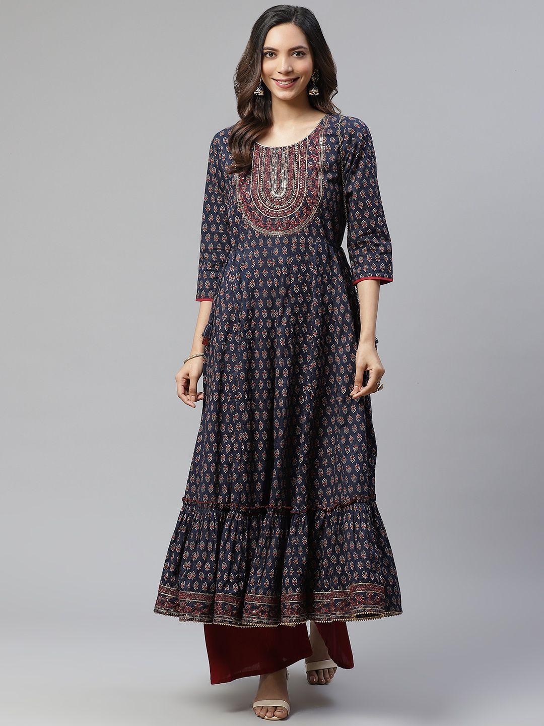 divena women navy blue & maroon ethnic motifs printed sequins indigo cotton a-line kurta