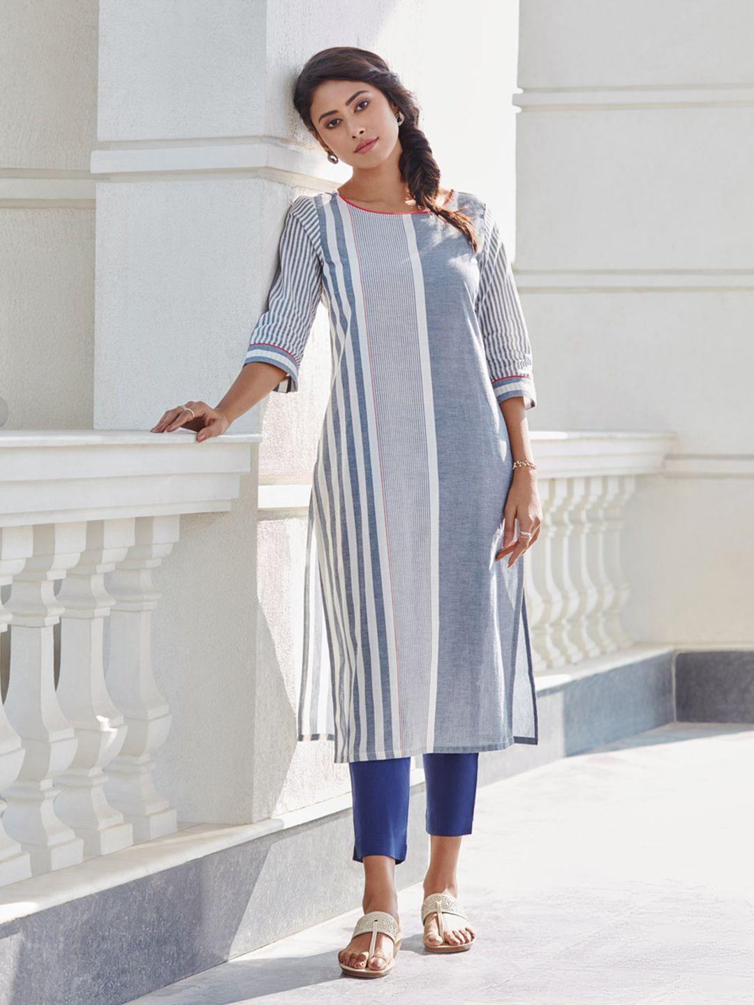 aurelia women grey & white striped kurta