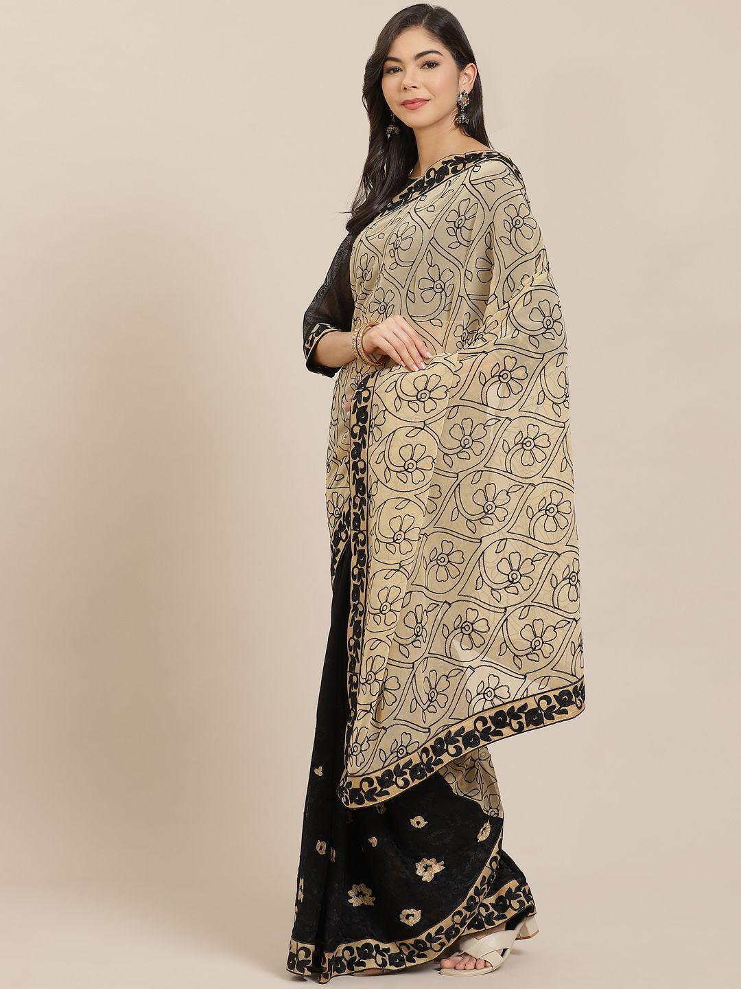 mitera beige & black pure georgette embroidered half & half saree