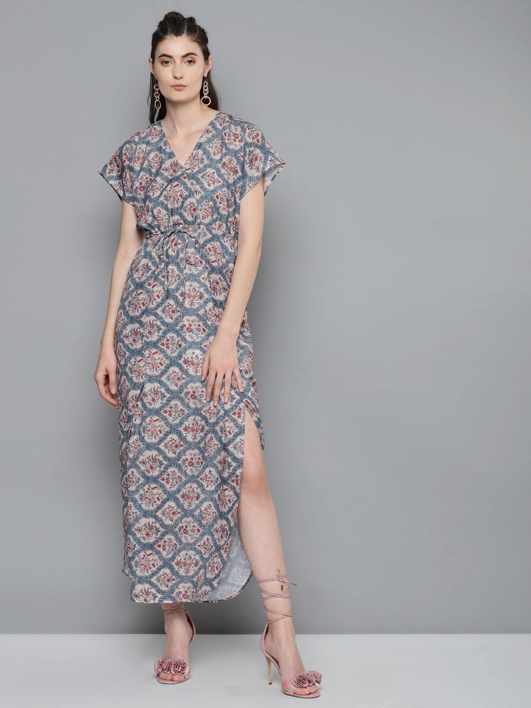 sassafras women blue & beige printed maxi dress