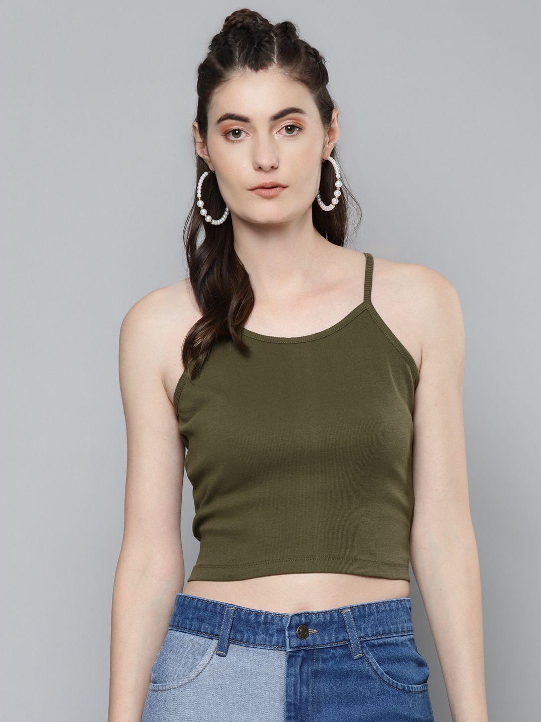 sassafras olive green pure cotton fitted crop top