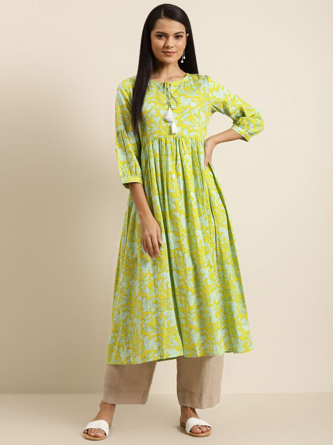 shae by sassafras women yellow & green ethnic printed a-line kurta