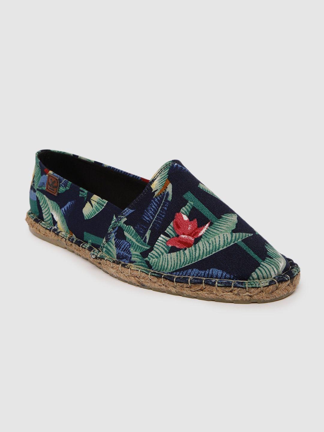 wrogn men navy blue & green printed espadrilles