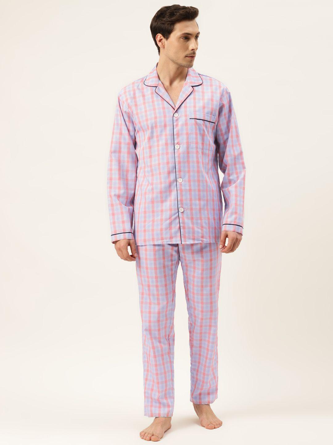 hancock men blue & coral orange checked pure cotton night suit