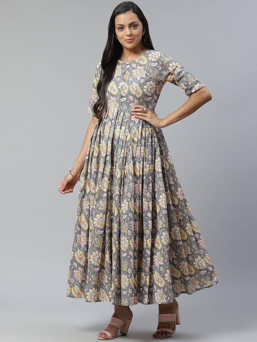 lavanya the label women grey & yellow ethnic motifs printed a-line dress