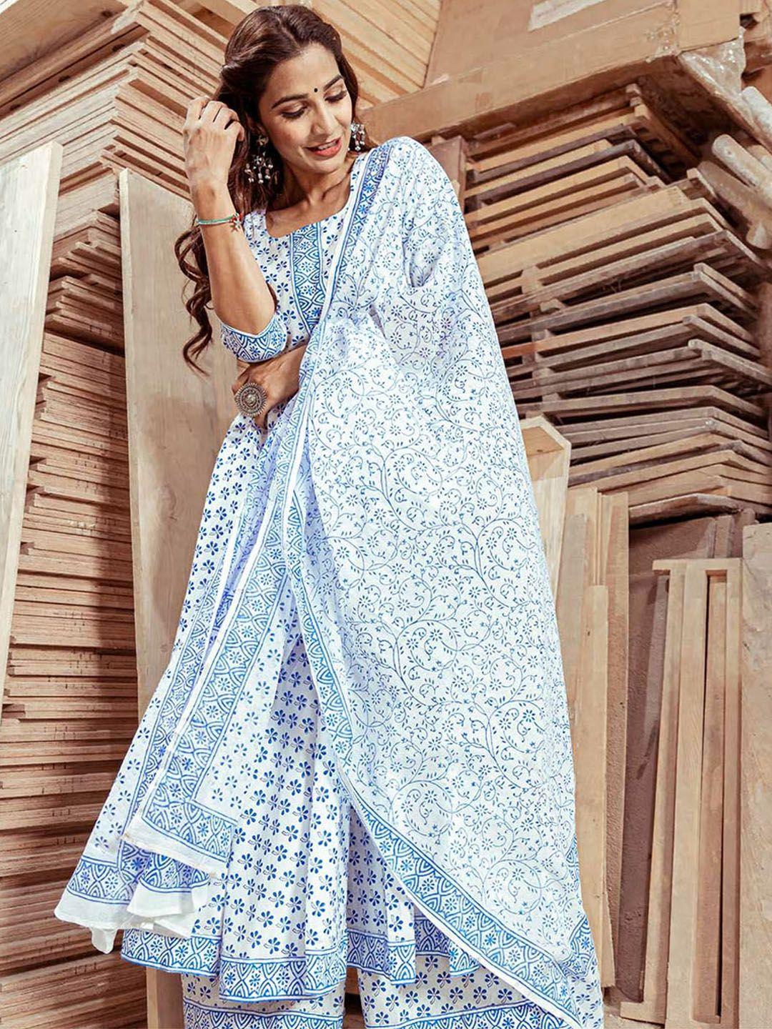 lavanya the label women white & blue block printed kurta with palazzos & dupatta