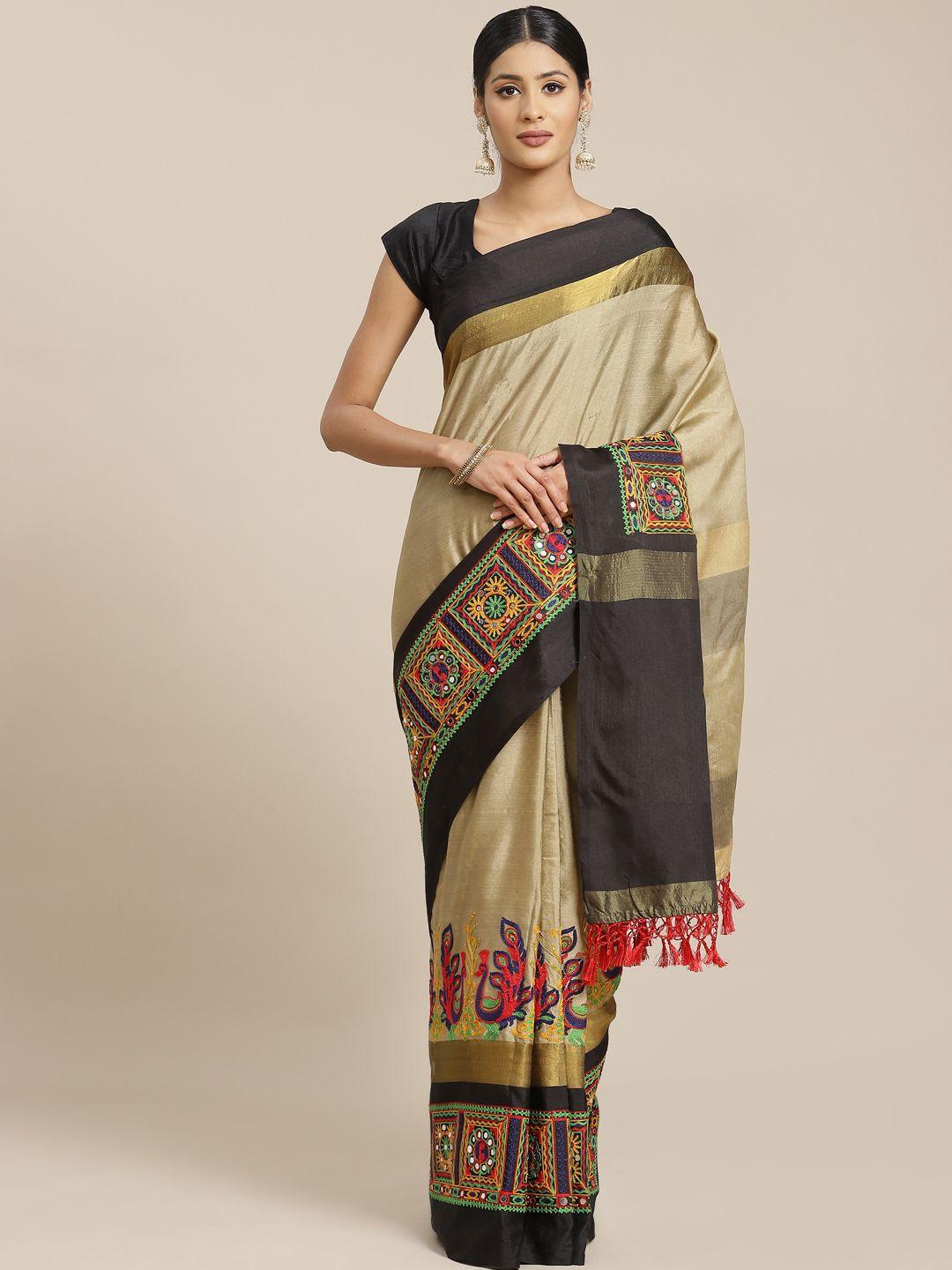 mitera beige & black ethnic motifs embroidered mirror work saree