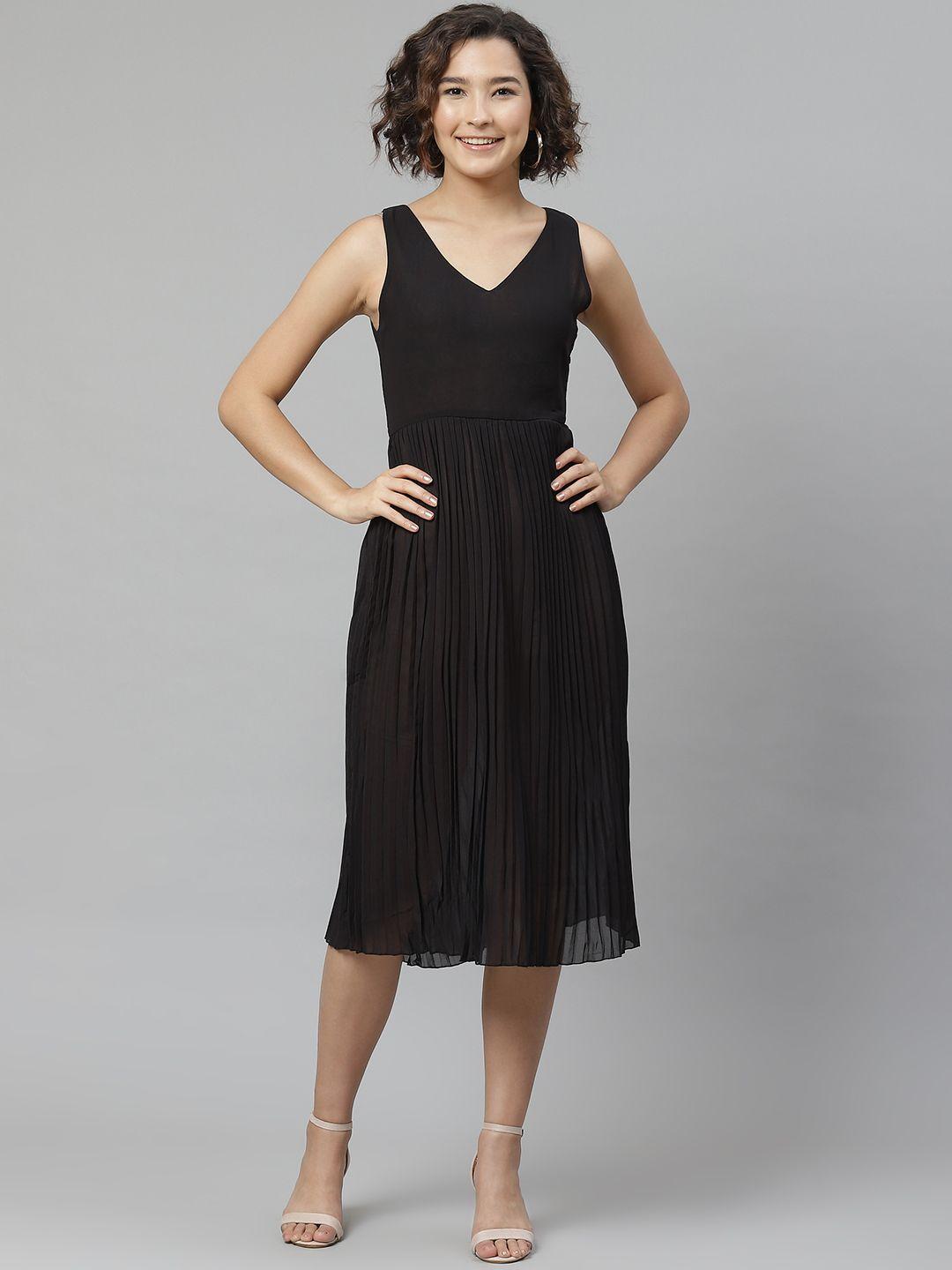 varushka women black accordion pleats solid a-line dress