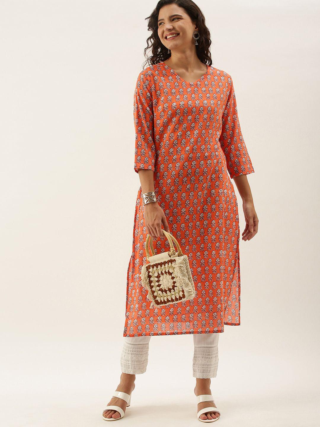 anouk women orange & white ethnic motifs printed kurta