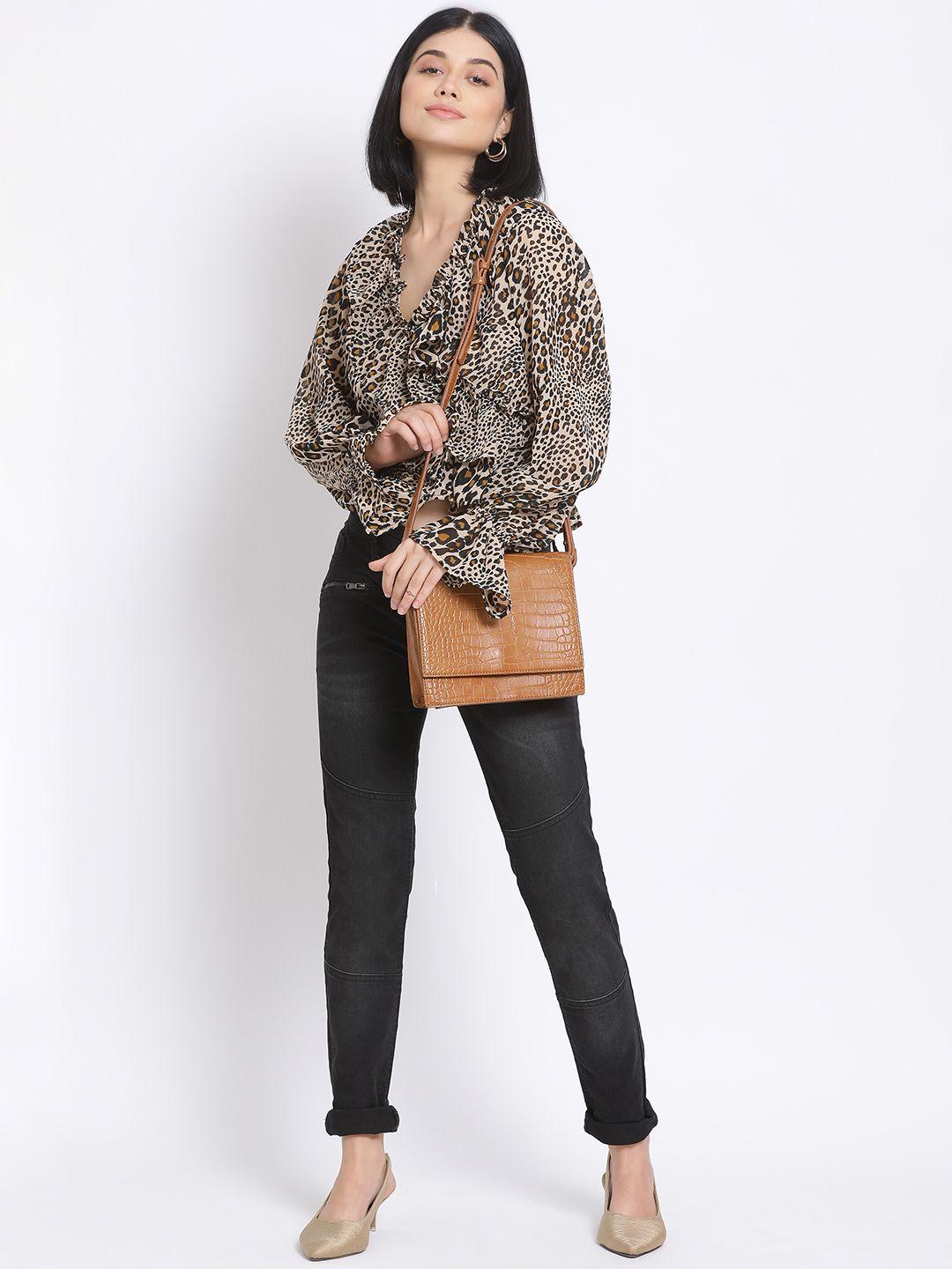 oxolloxo brown animal printed bell sleeves regular crop top