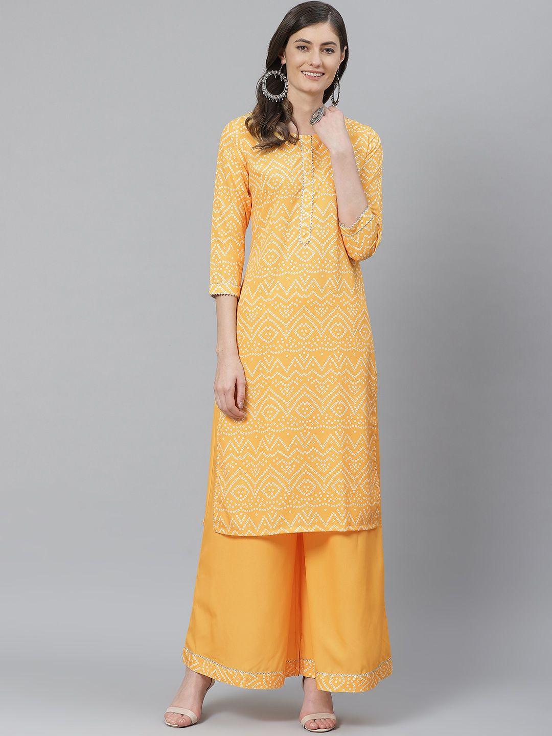 ahika women yellow & white bandhani printed kurta with palazzos