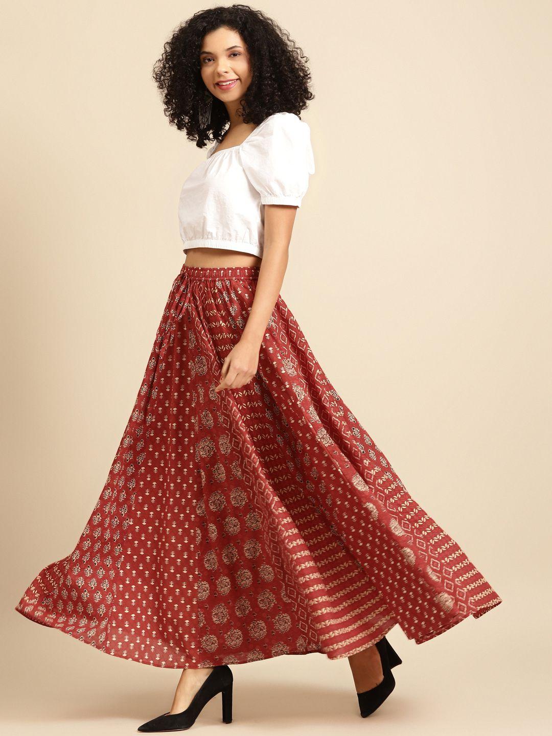 anayna women maroon & beige printed pure cotton maxi flared skirt