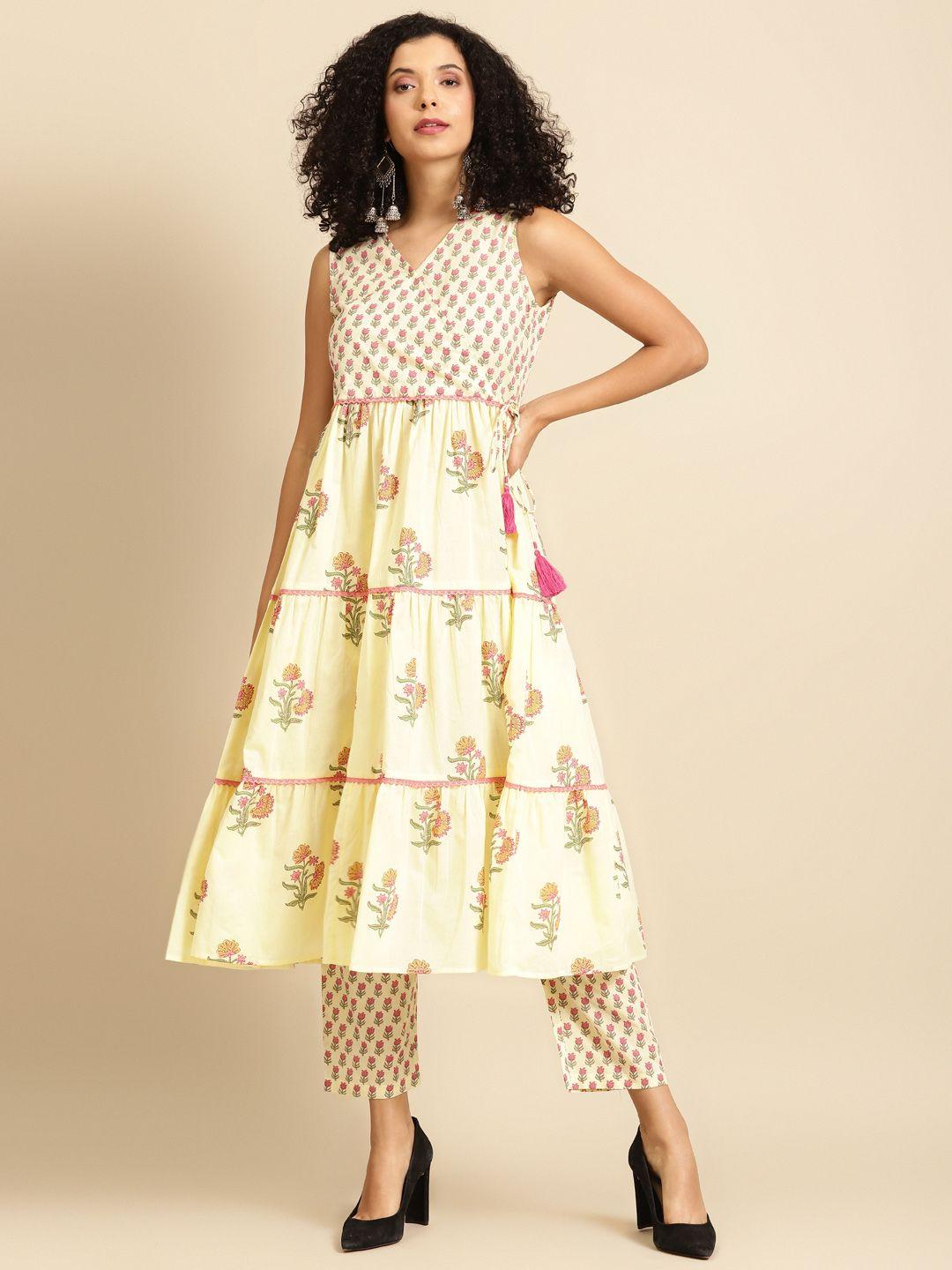 anayna women cream-coloured & pink tiered printed kurta with palazzos