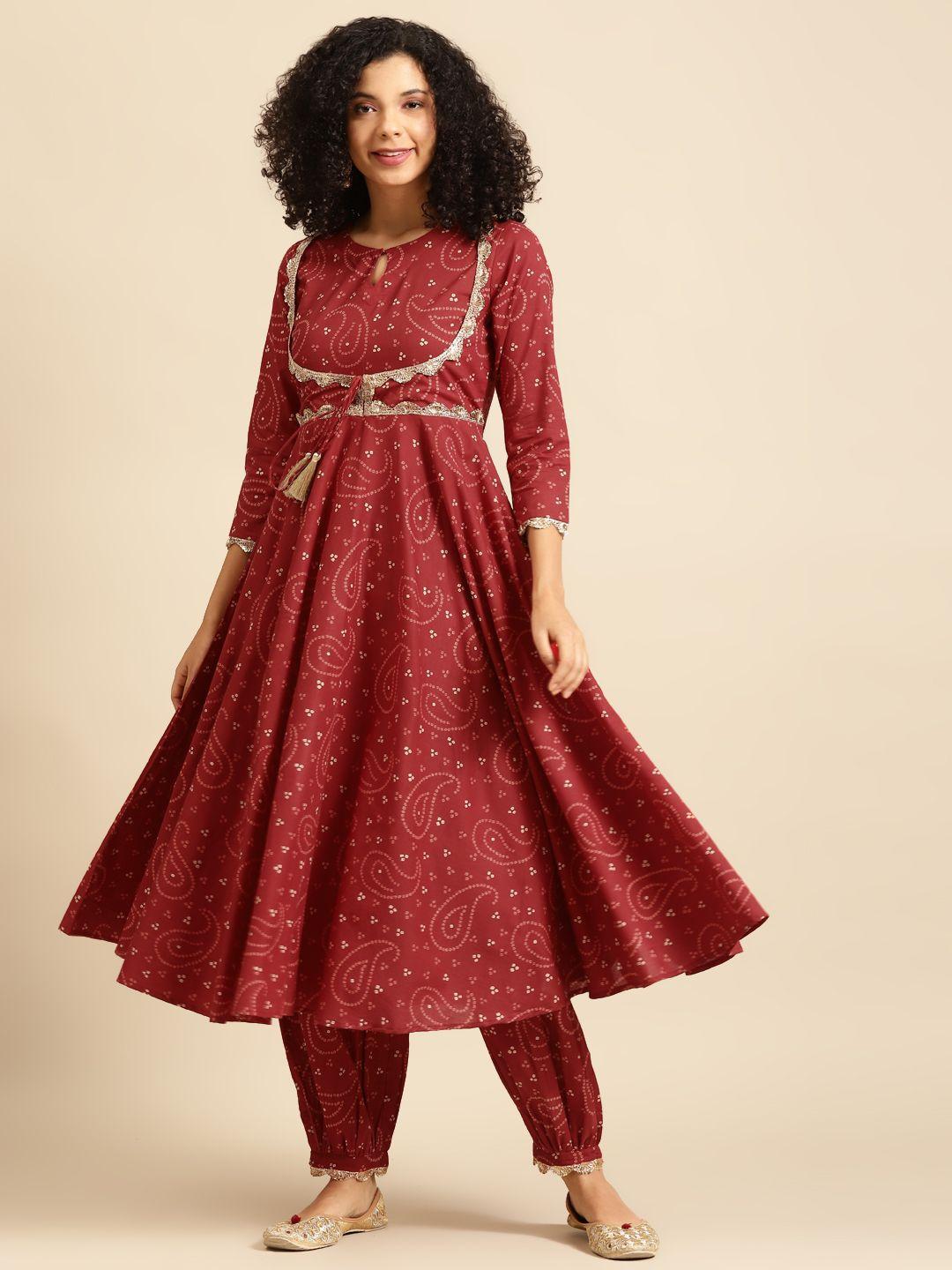 anayna women maroon & beige bandhani printed kurta with salwar