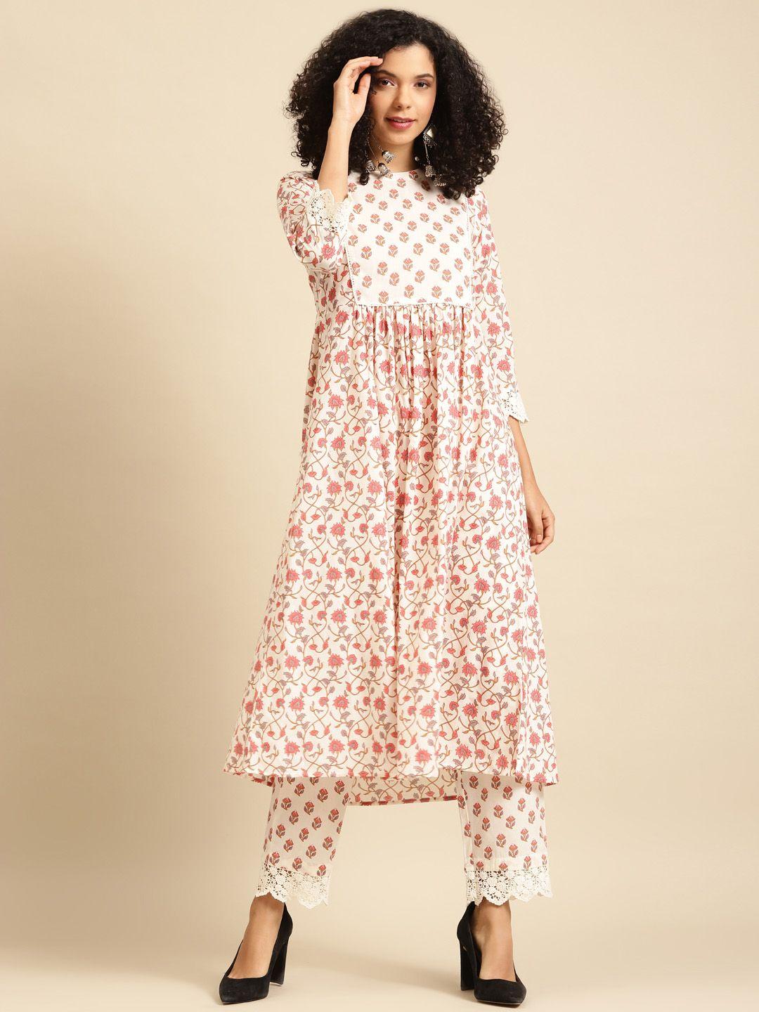 anayna women white & pink printed kurta with trousers