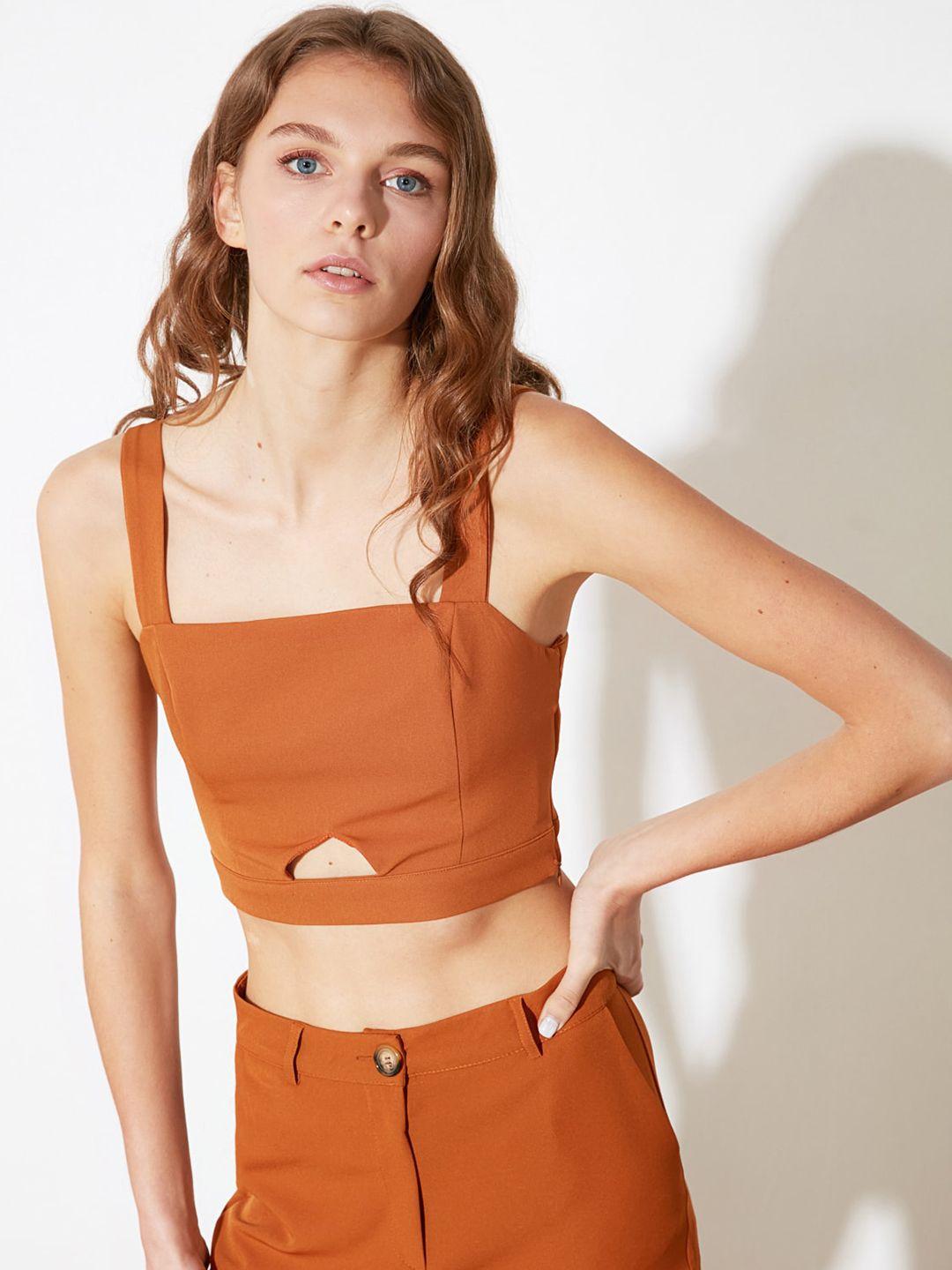 trendyol camel brown fitted crop top