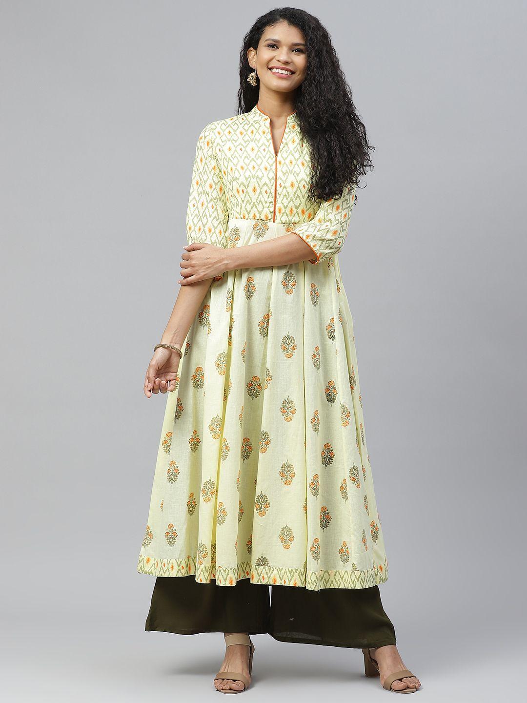 poshak hub women yellow & green ethnic motifs print panelled cotton anarkali kurta