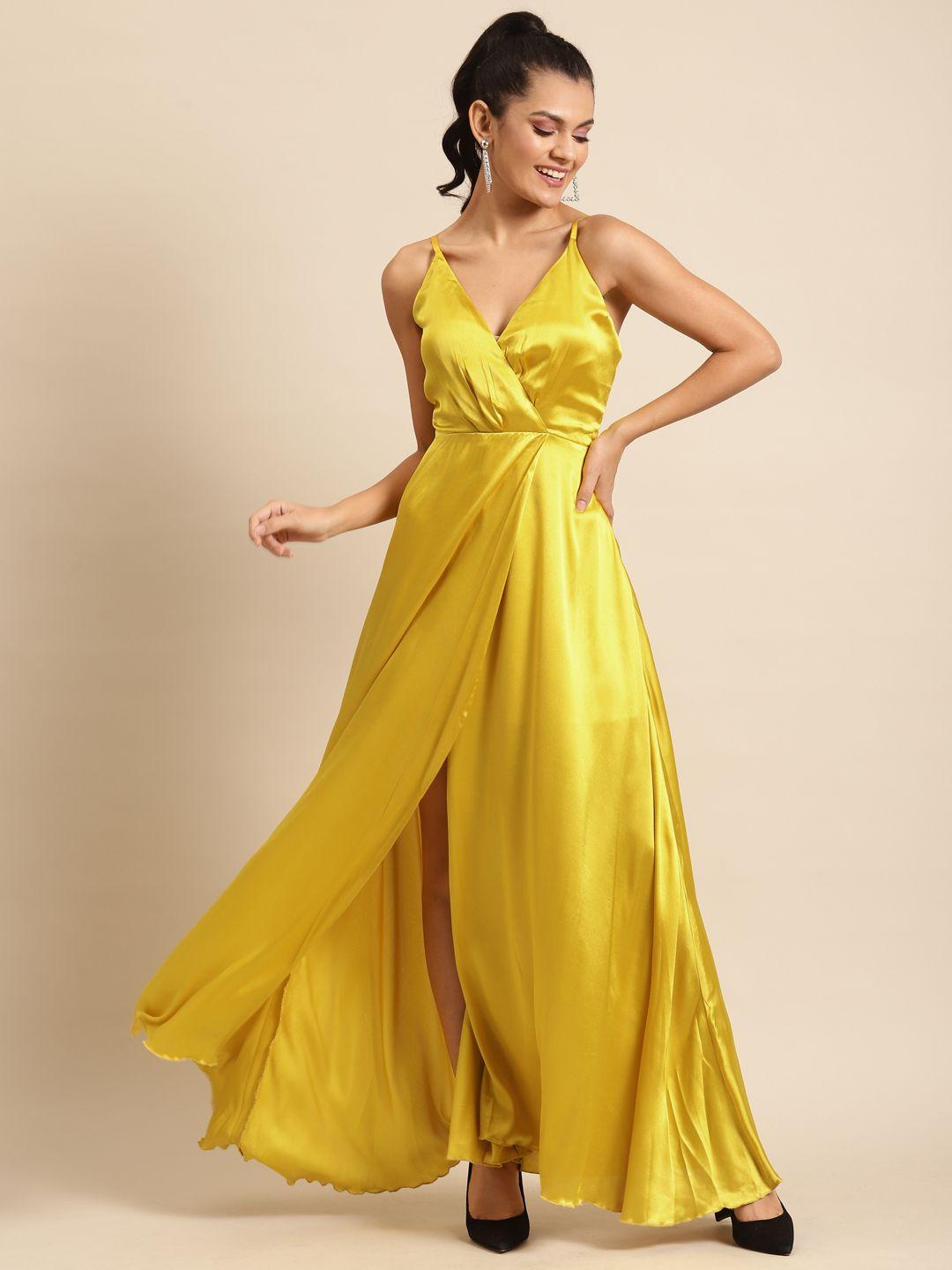 dodo & moa women yellow satin finish solid maxi dress