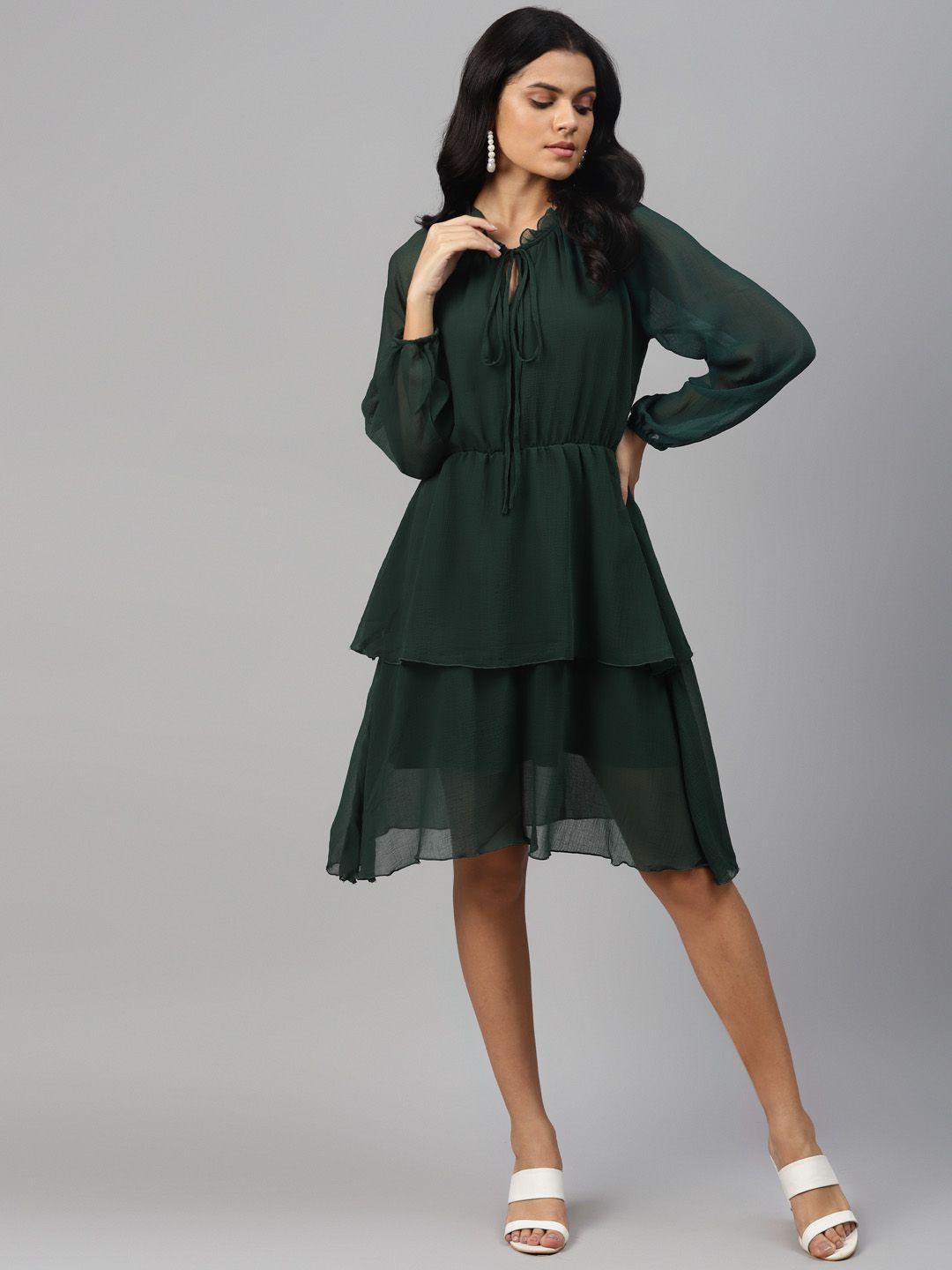 pluss green tie-up neck layered a-line dress