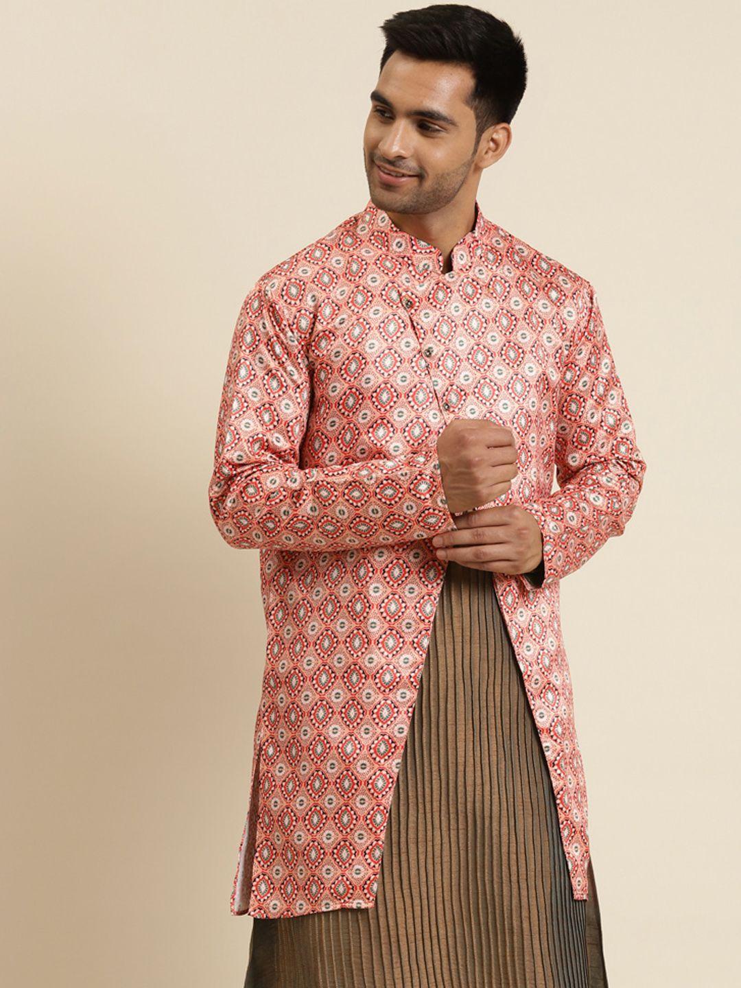 sojanya men peach-coloured & coral orange printed tailored jacket