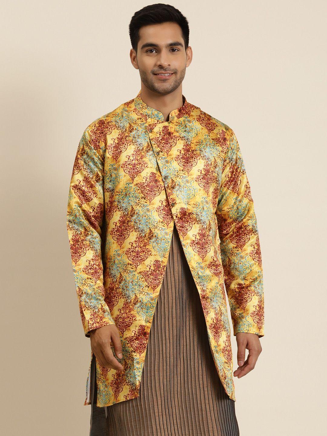 sojanya men mustard yellow & maroon printed tailored jacket