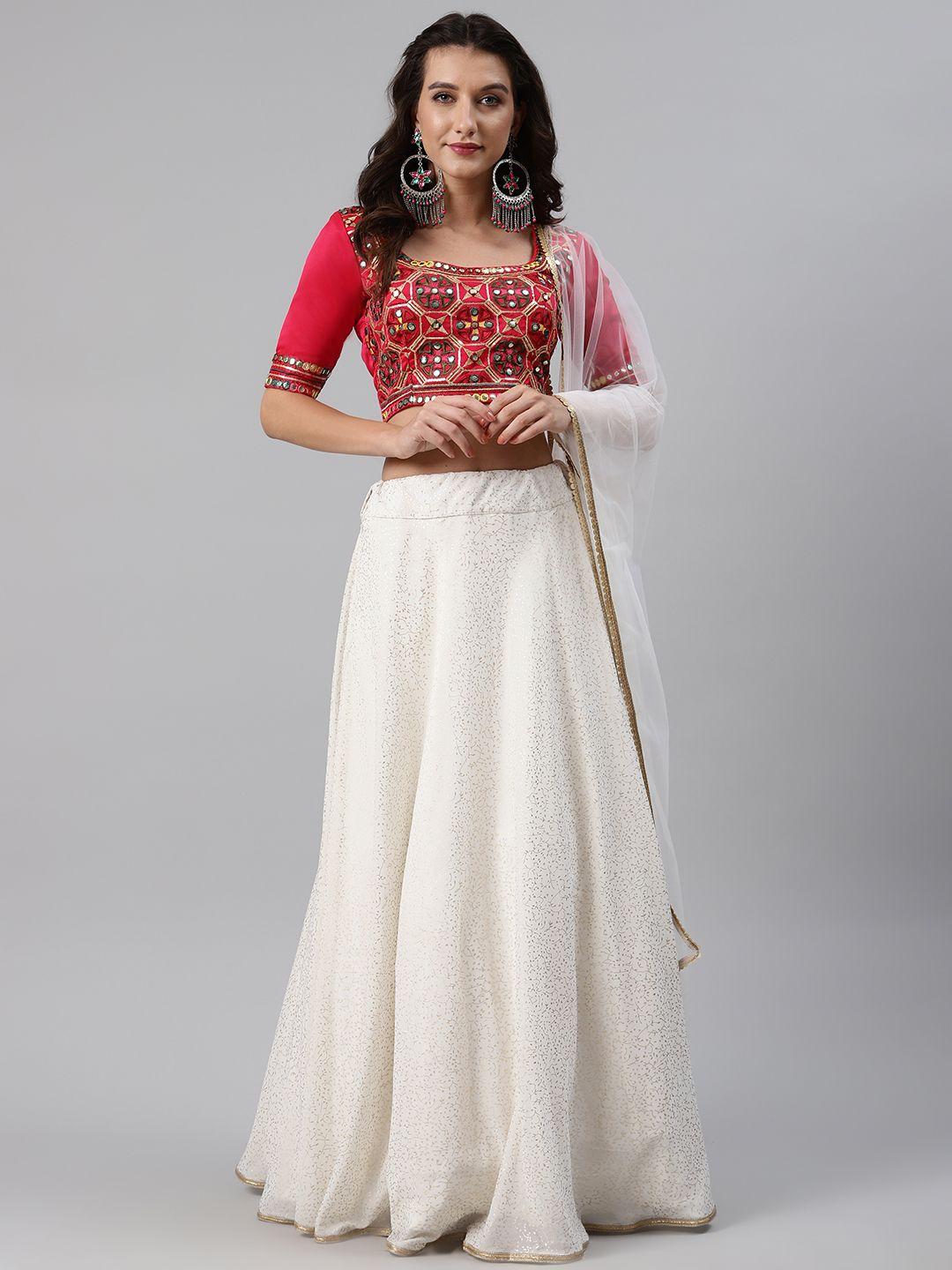 shubhkala white & golden foil print semi-stitched lehenga & unstitched blouse with dupatta