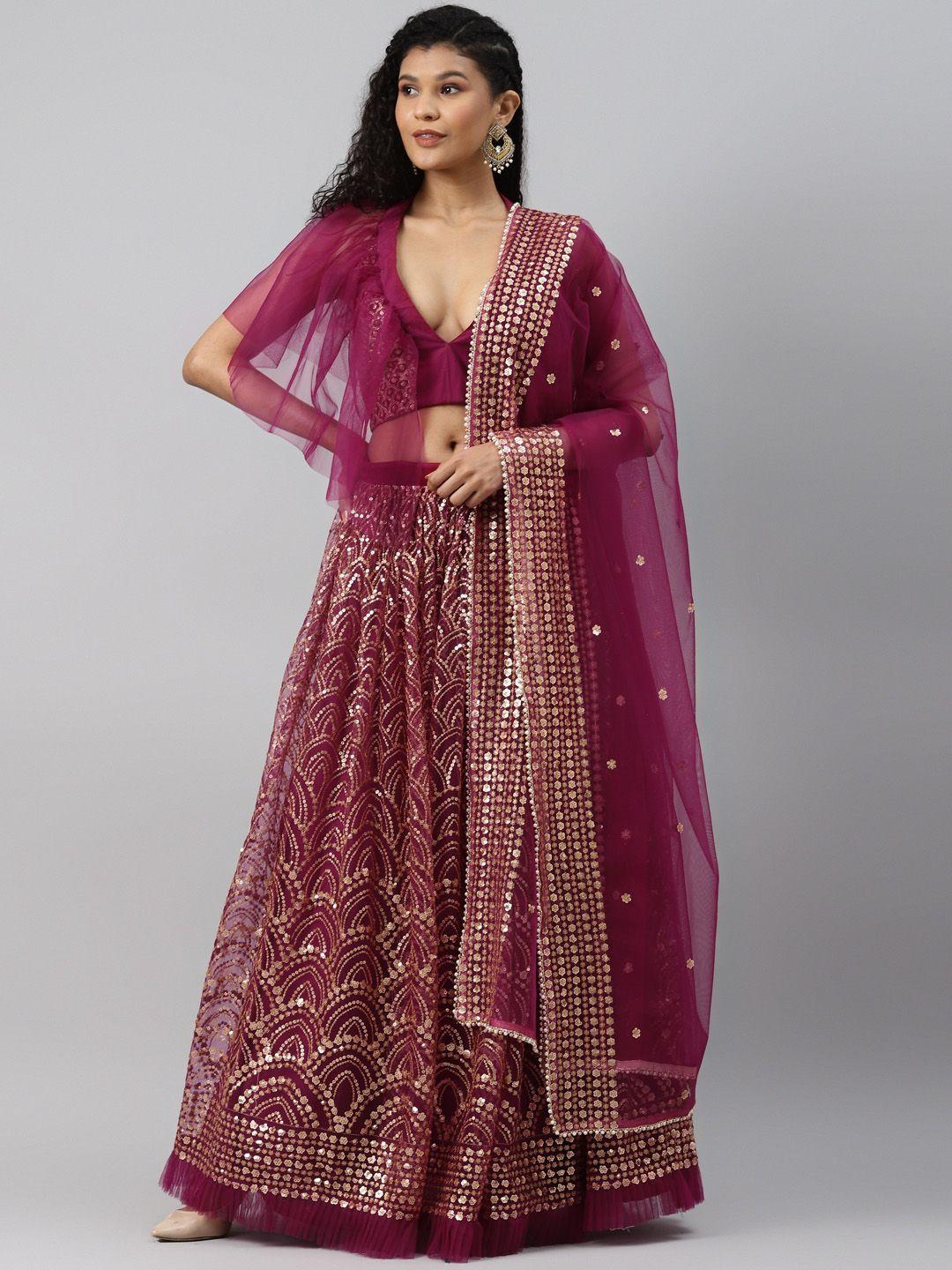 readiprint fashions magenta & golden semi-stitched lehenga & blouse with dupatta