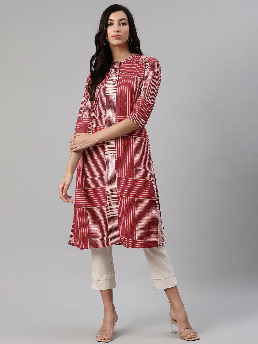 biba women maroon & off-white striped kurta with trousers