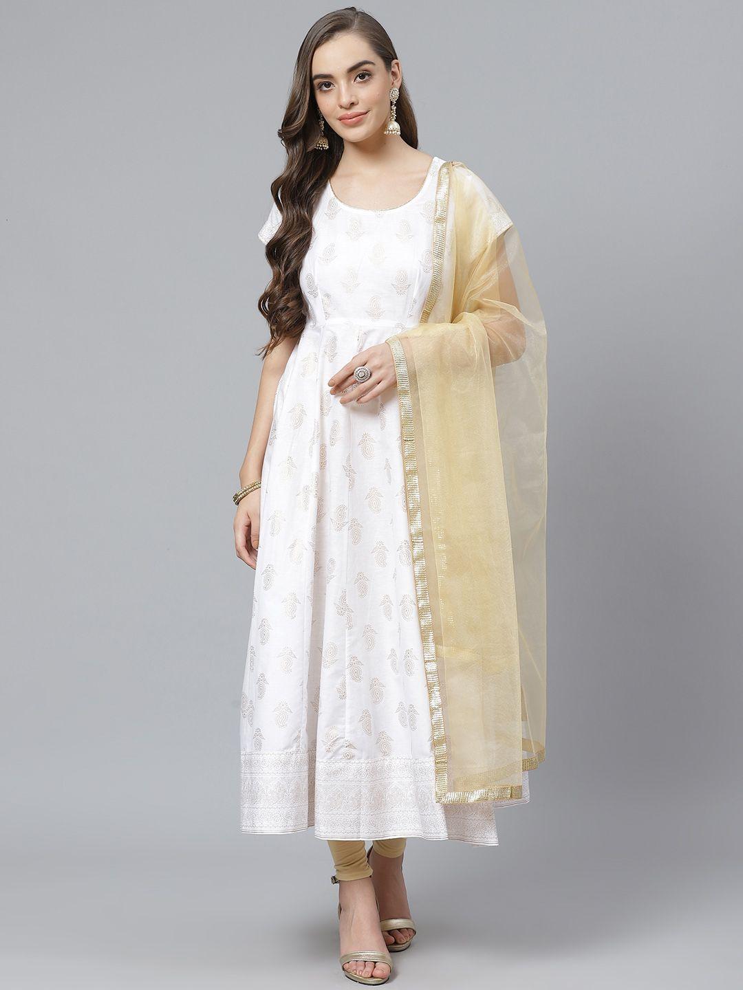 poshak hub women off-white & beige paisley print kurta with churidar & dupatta