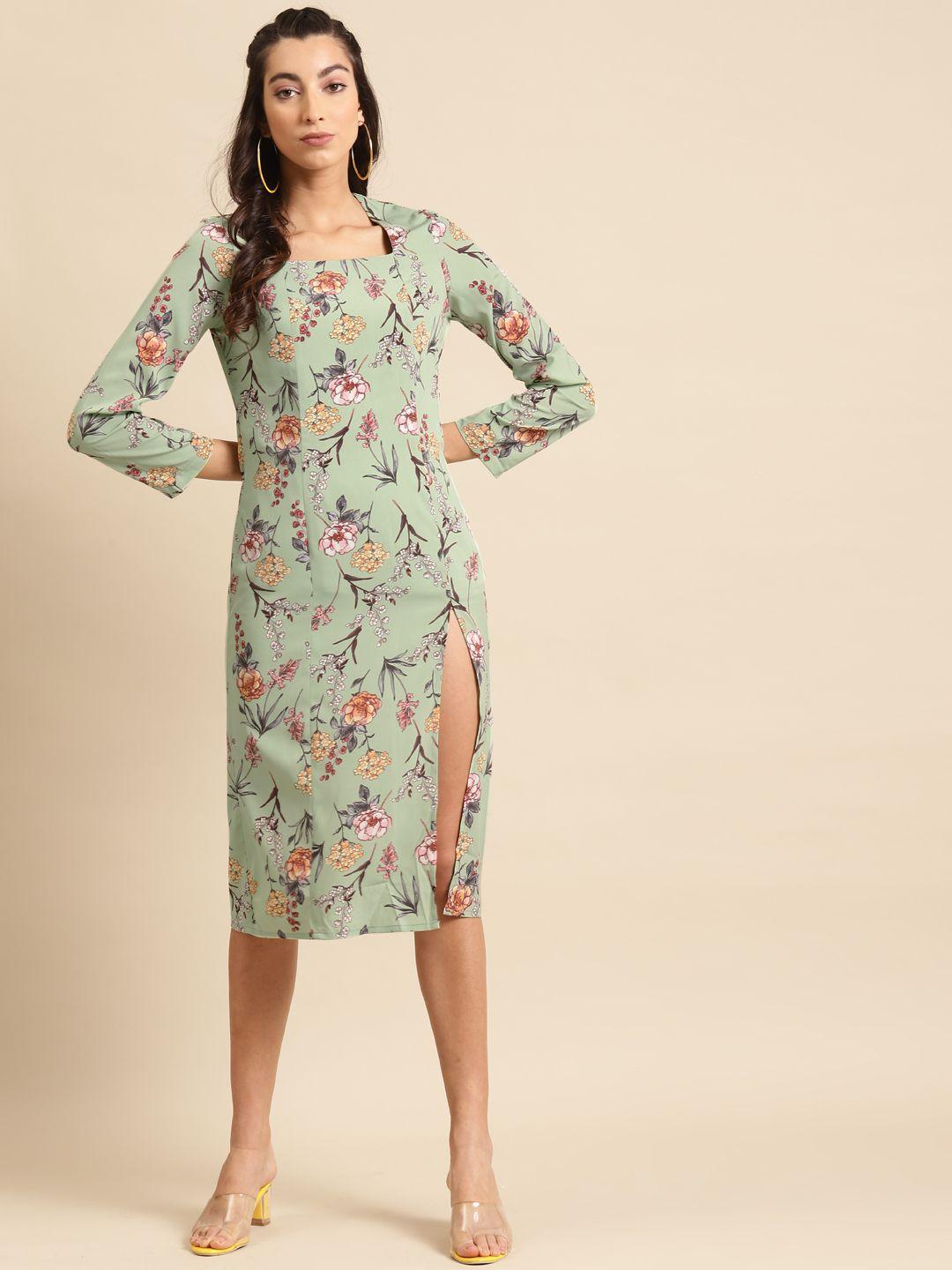 dodo & moa women green & peac-coloured printed sheath dress