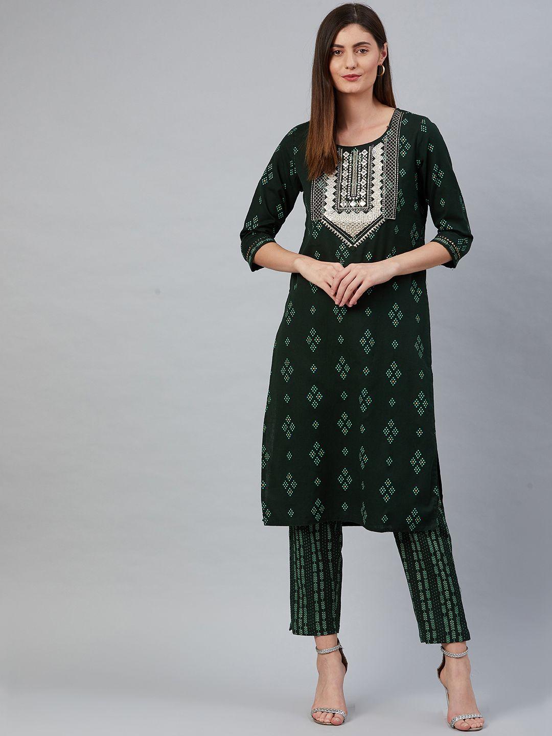 anubhutee women black printed thread work kurta with trousers