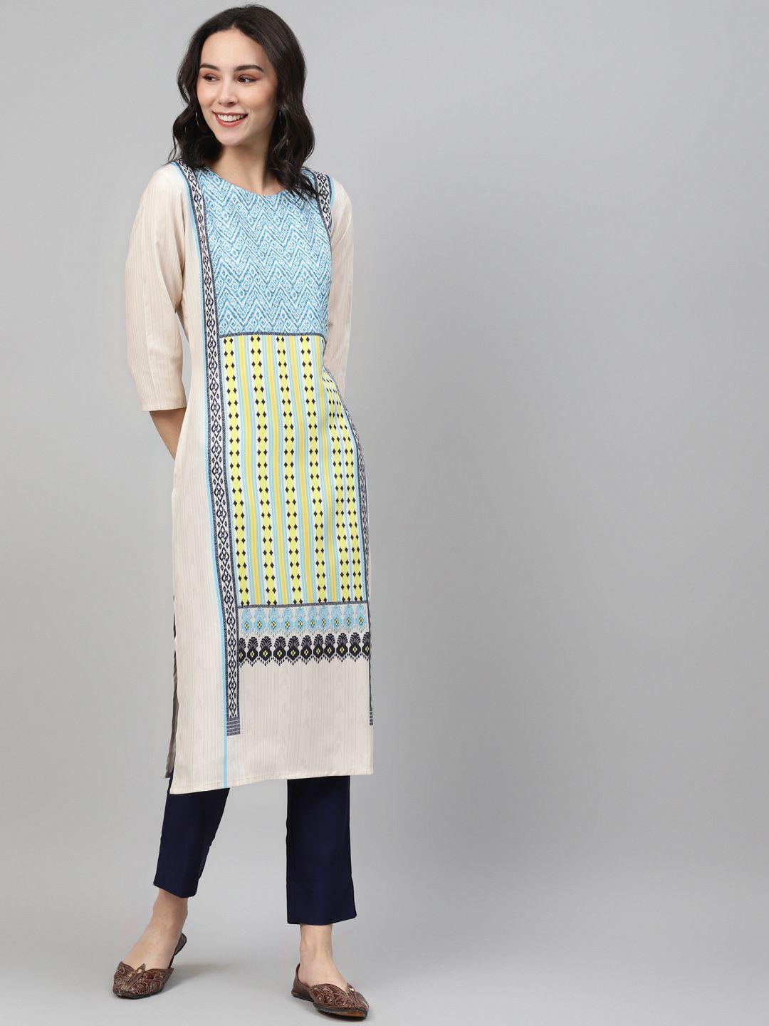 ziyaa women cream-coloured & blue printed kurta with trousers