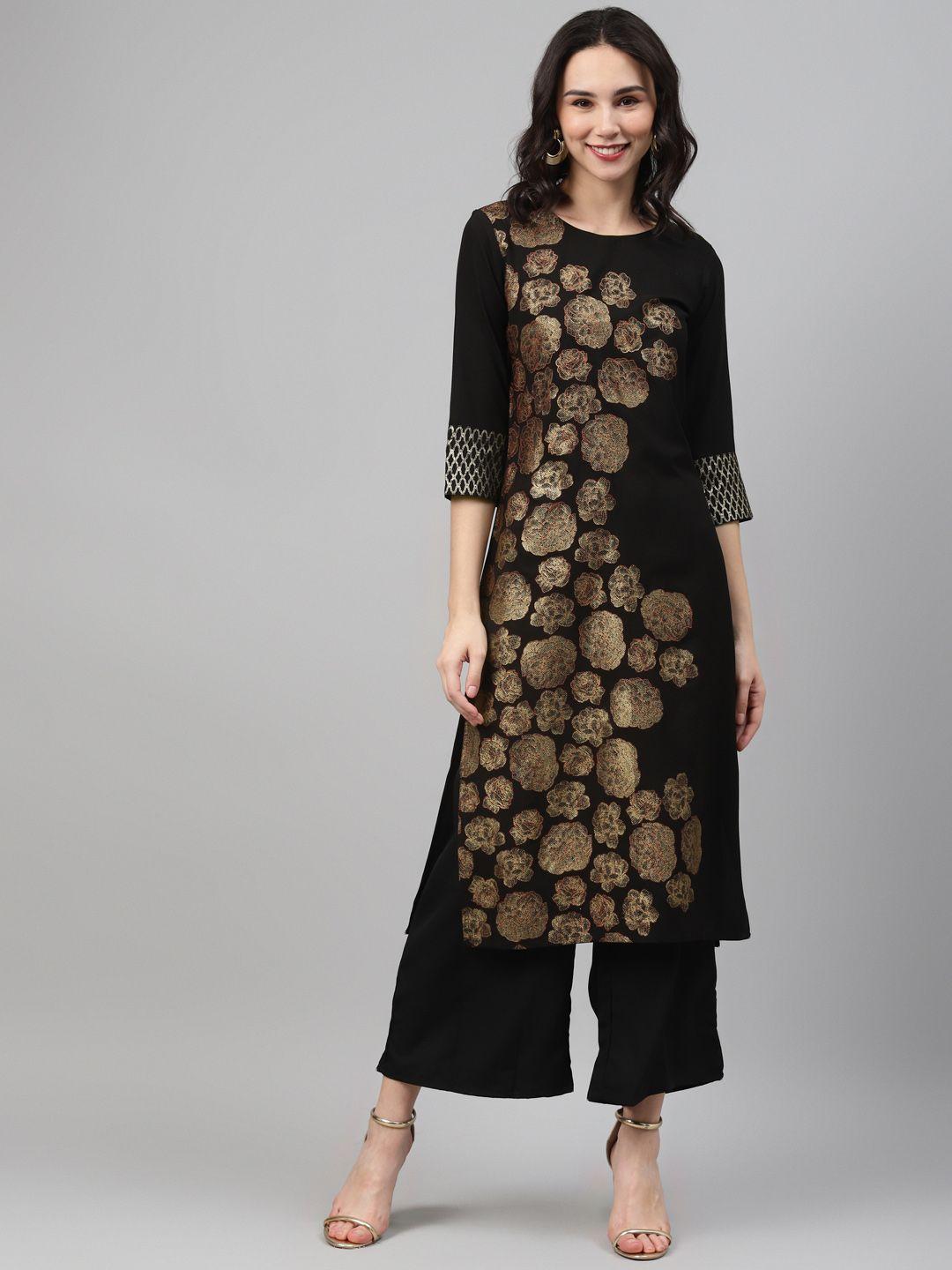 ziyaa women black & golden printed kurta with palazzos