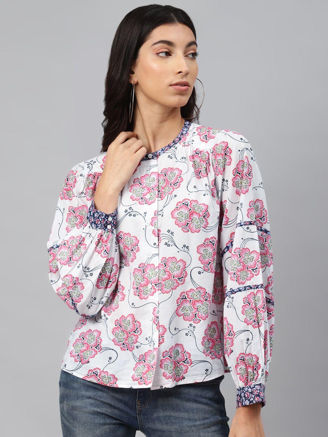 marks & spencer women white & pink regular fit romantic floral pure cotton casual shirt