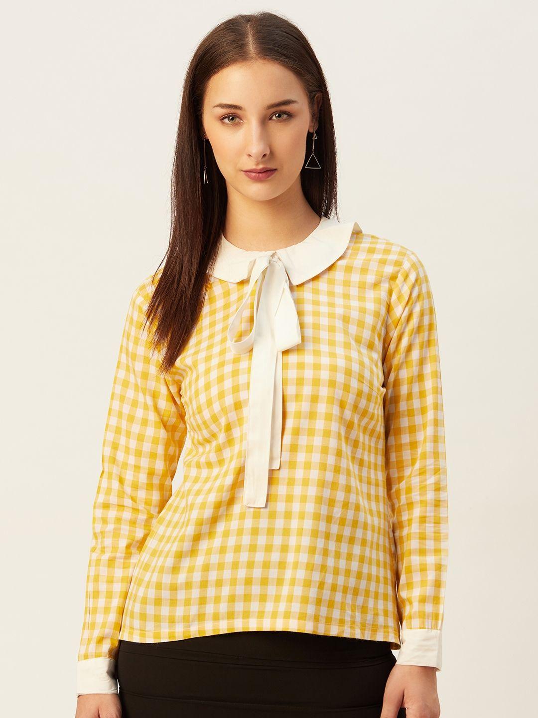 belle fille yellow & white checked peter pan collar regular top