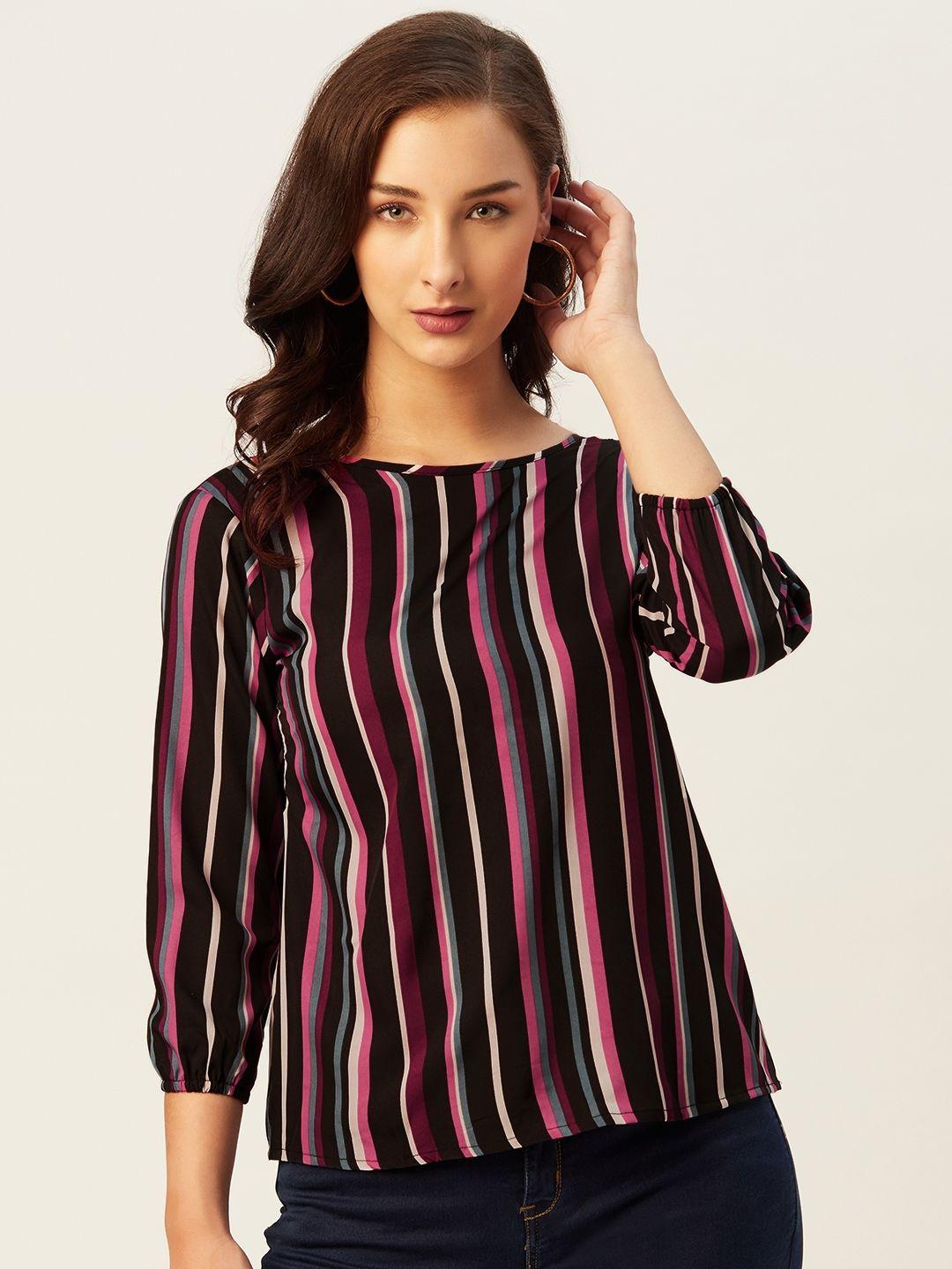 belle fille black & pink striped puff sleeves styled back top