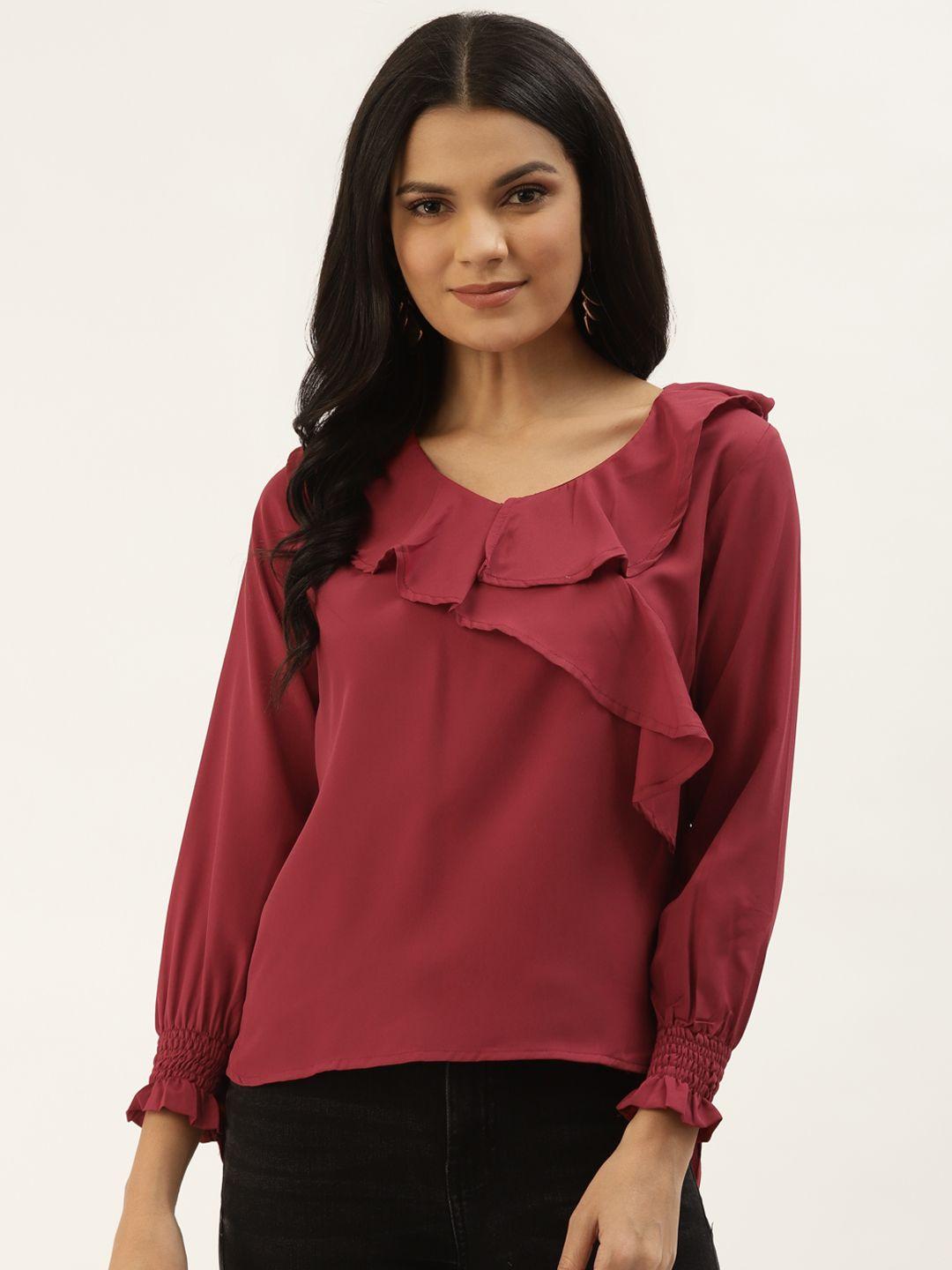 belle fille maroon solid puff sleeves ruffled top