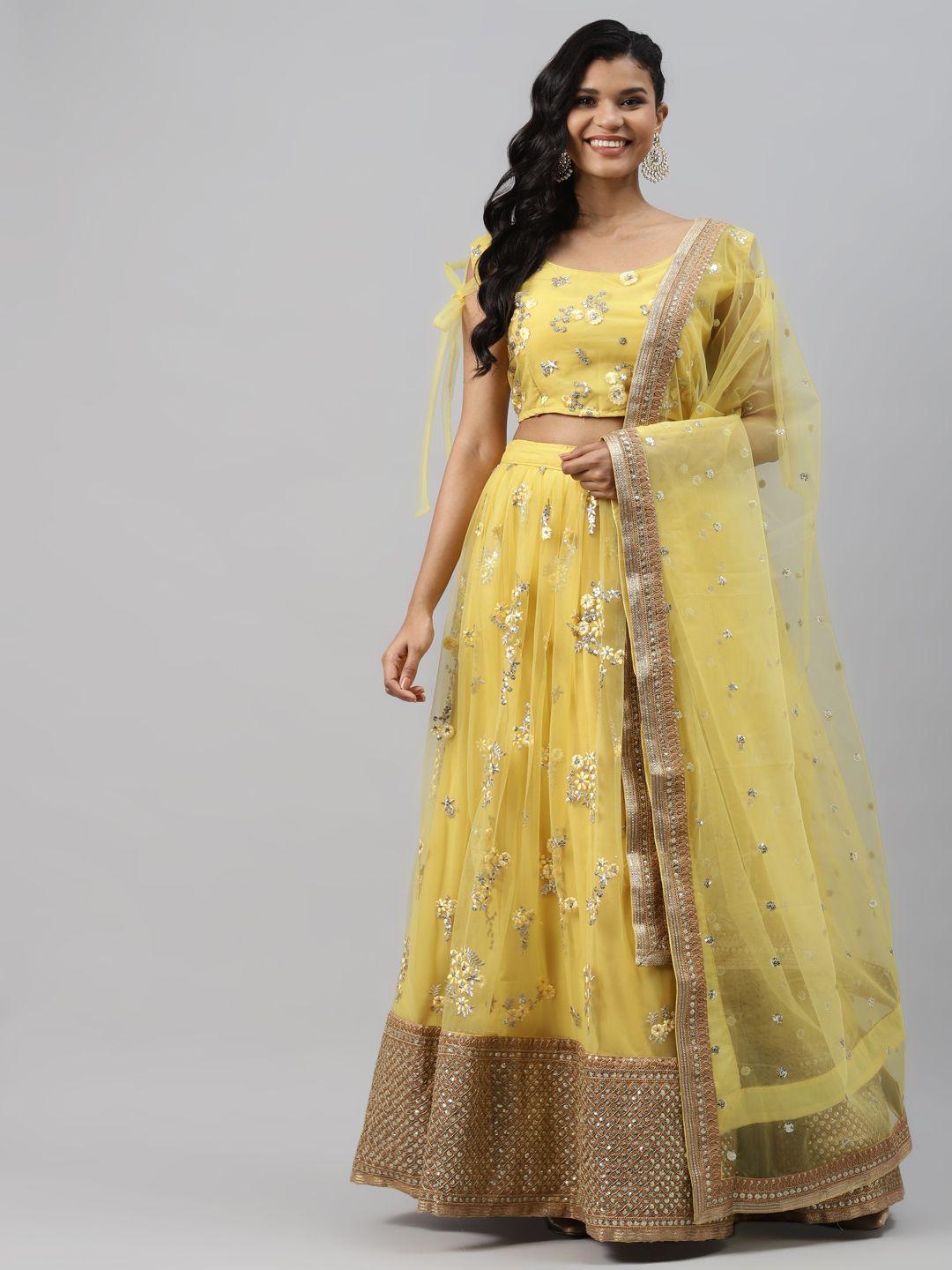 readiprint fashions yellow & golden embroidered semi-stitched lehenga choli